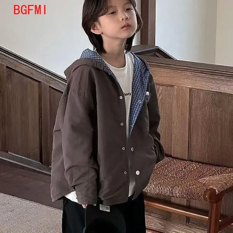 Boys Girls Outerwear Spring Autumn Double-sided Handsome for Teenage Boys Korean Student Hooded Windbreaker Children's Clothing - 3