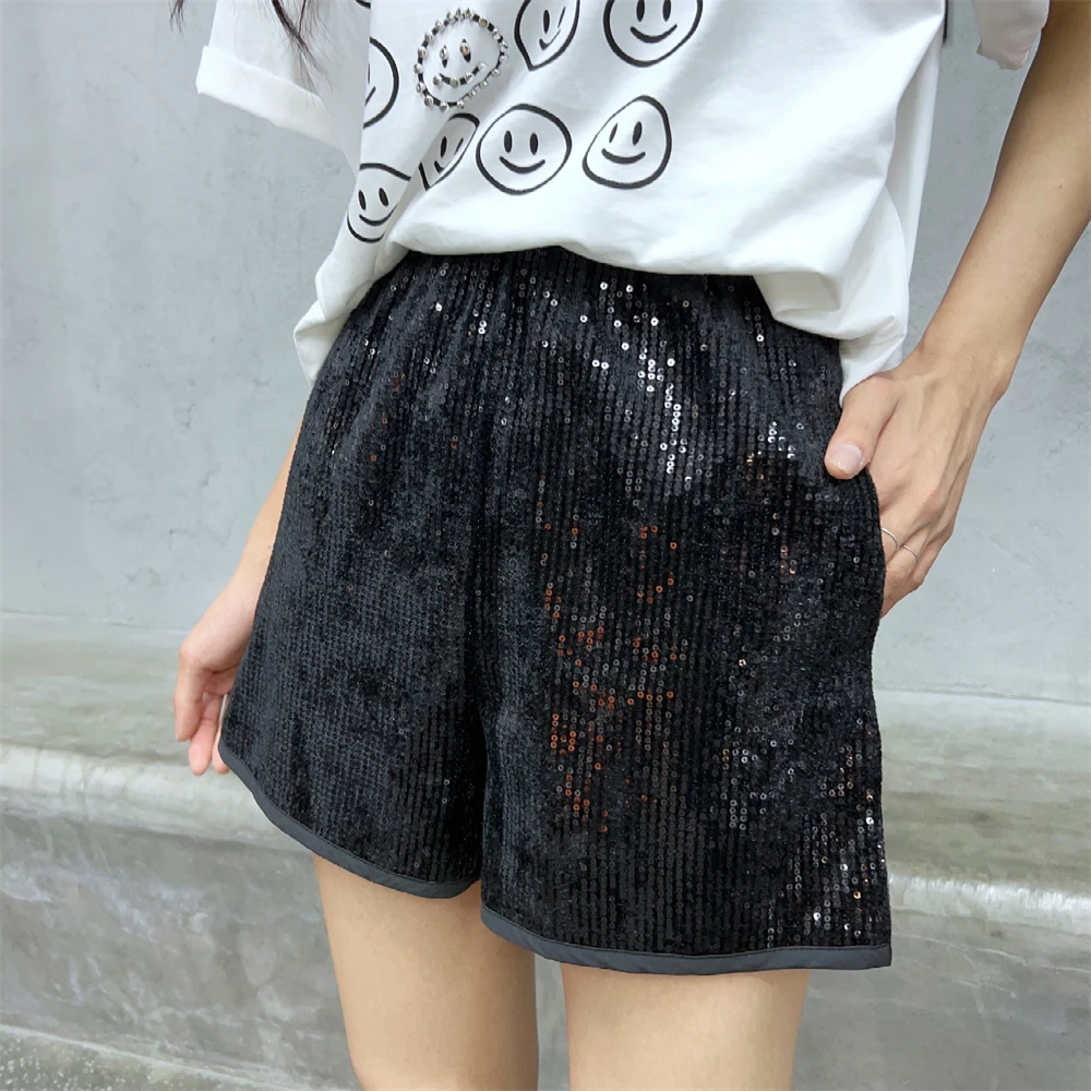 

Sparkling sequin shorts for women's summer 2024 new elastic high waisted heavy industry casual wide leg hot pants solid color