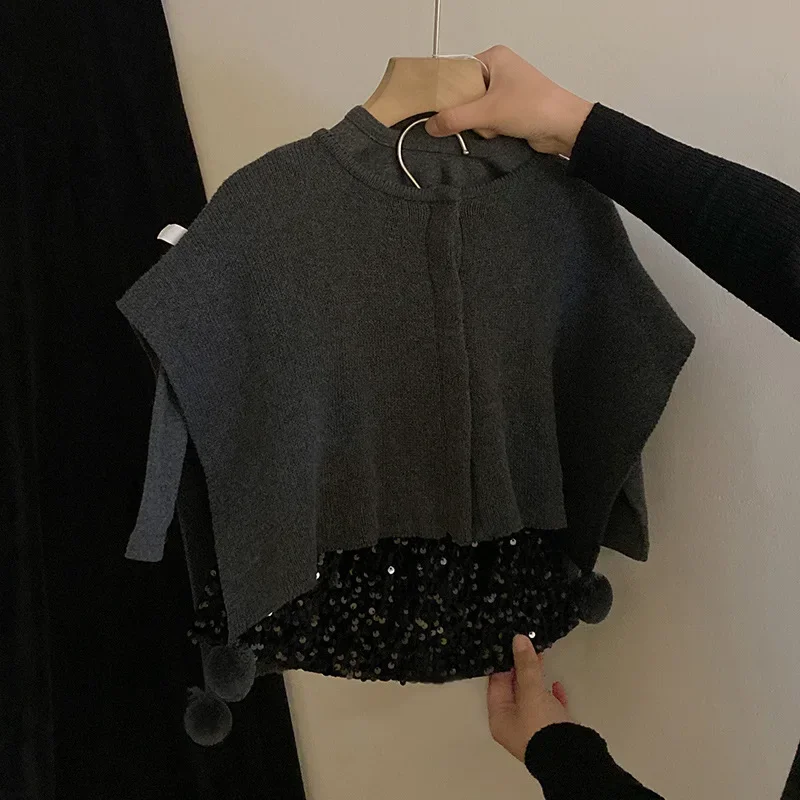 

Children Clothing Parent-child 2023 Winter New Fashionable Korean Style Knitted Solid Color Shawl Sequin Skirt Casual Set