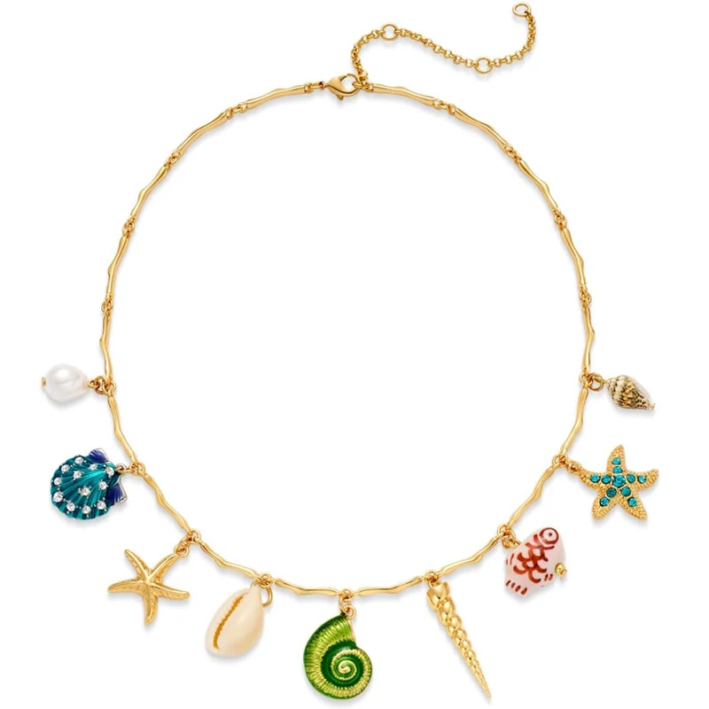 שרשרת מקלות ים לנשים ובנות עם שני שכבות כוכב הים תלייה מקלות ים קיץ שרשראות חלזונות אופנה תכשיטים