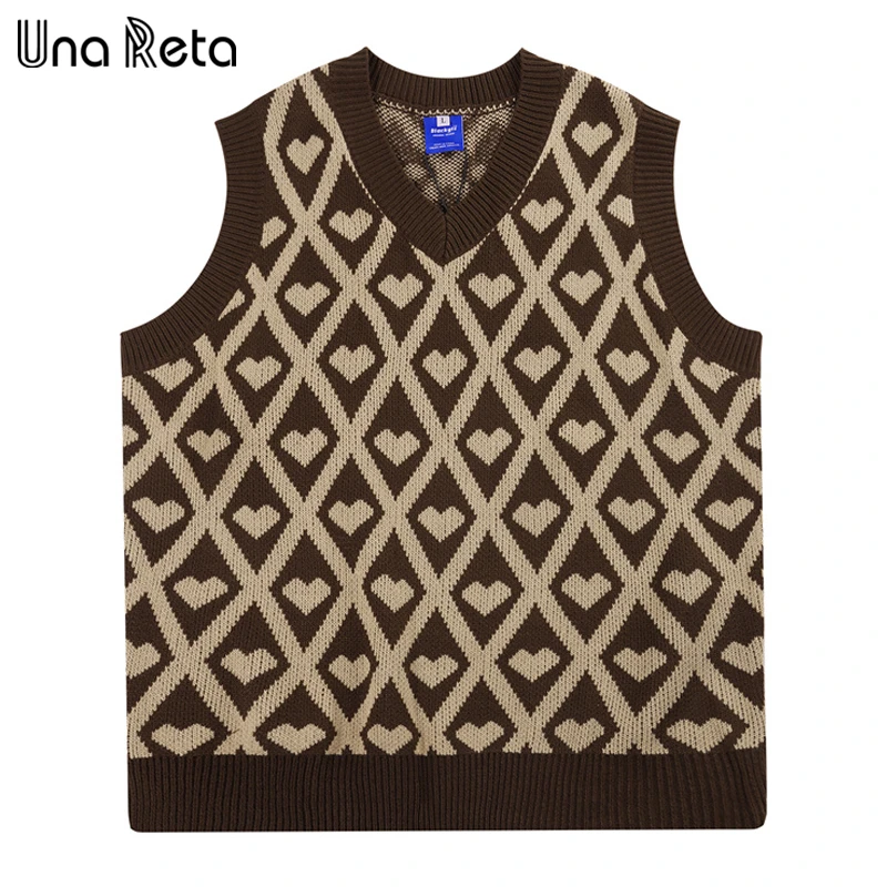 

Una Reta Jacquard Heart Knitted Sweater Vest Men Streetwear V Neck Vests Pullover Fashion Sleeveless Men's Sweater