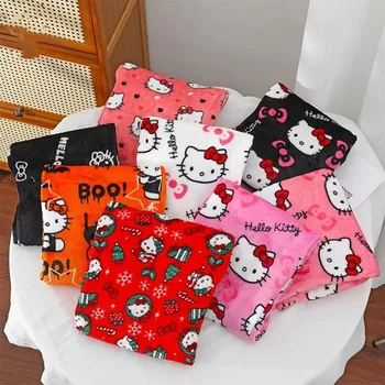 Sanrio Thicken Pajama Pants Hello Kitty Anime Home Flannel Soft Trousers Stretch Fabric Women Cute Cartoon Casual Warm Clothing 1