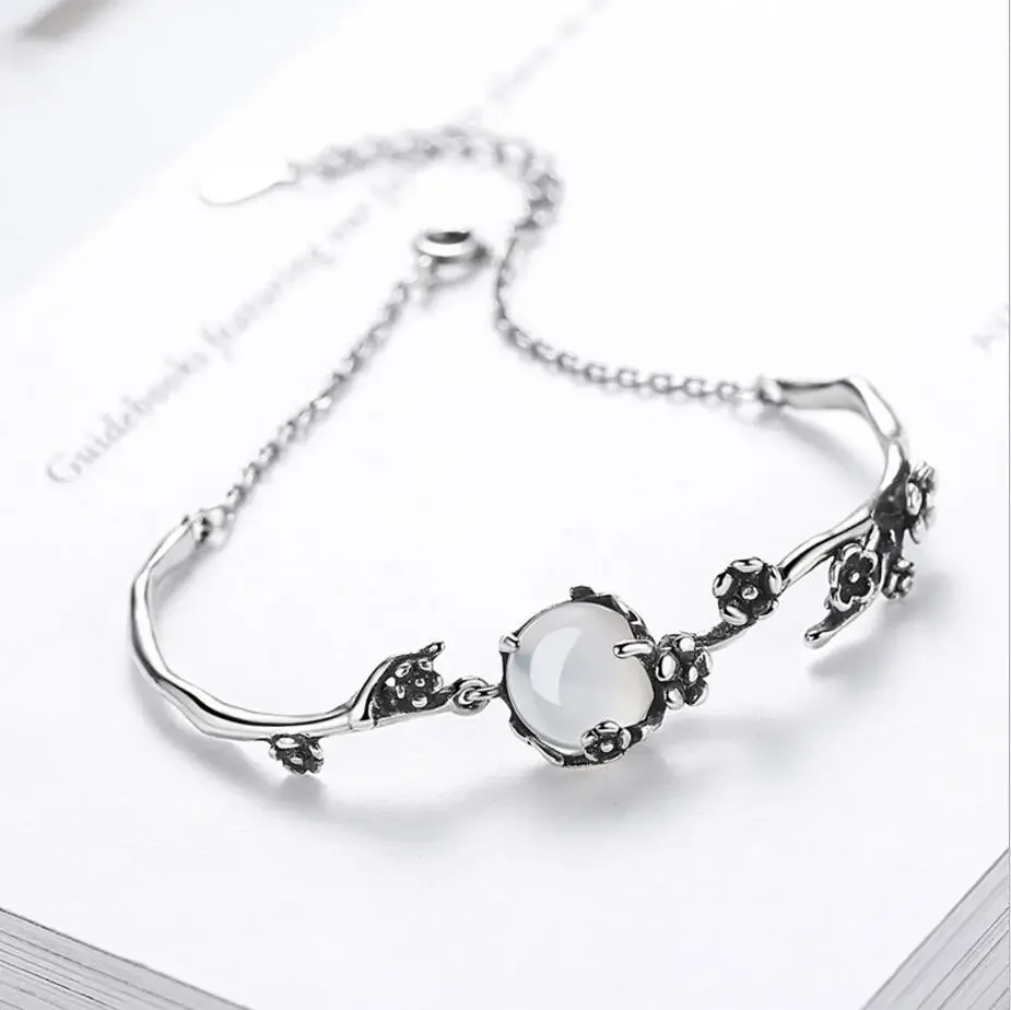 

925 Sterling Silver Bracelet Vintage Fashion Thai Moonlight Stone Plum Flower Chain Linked For Women Bangle Jewelry Christmas
