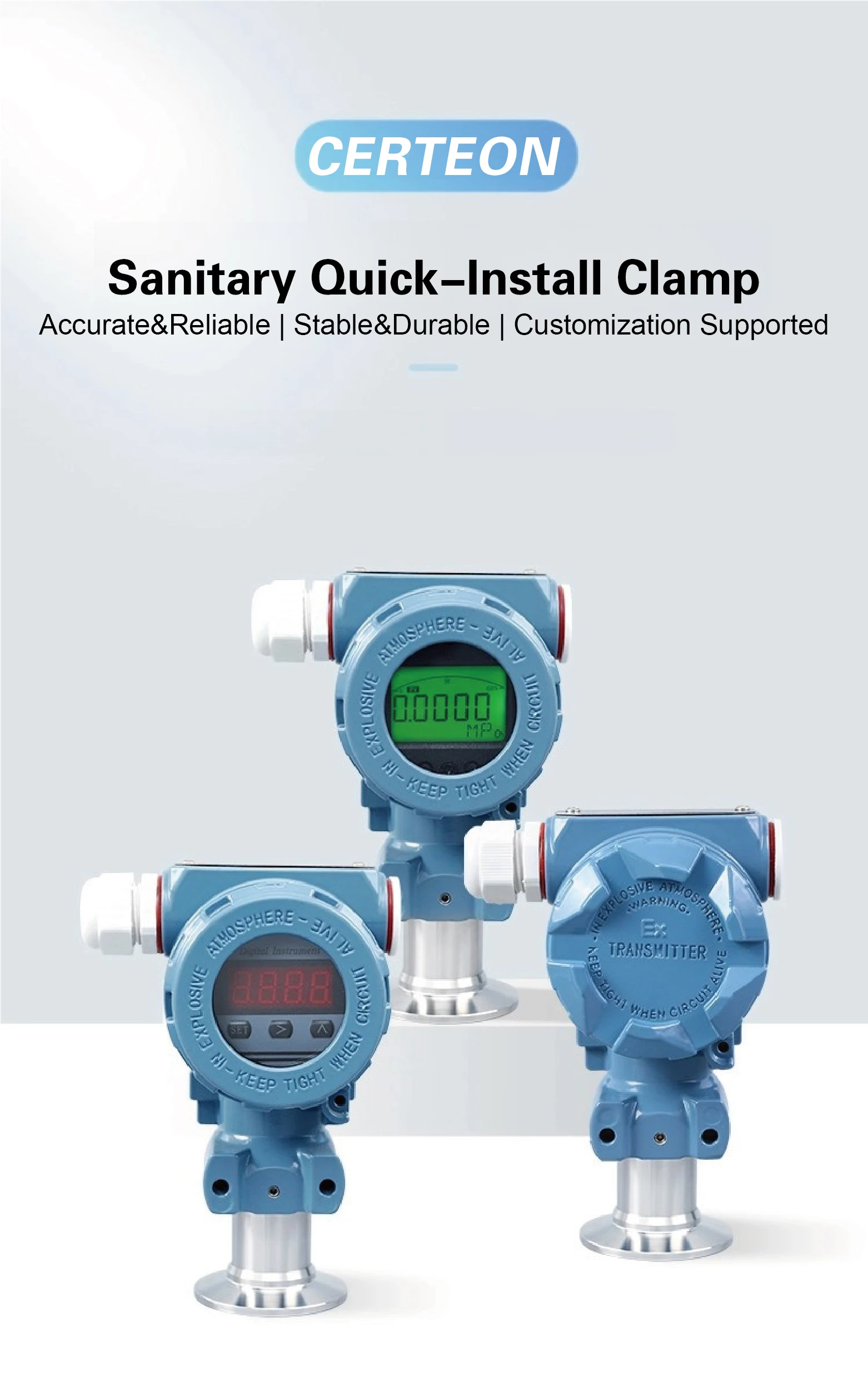 PCM400KF Sanitary Digital Pressure Transmitter Liquid Level Sensor Tri Clamp 12V