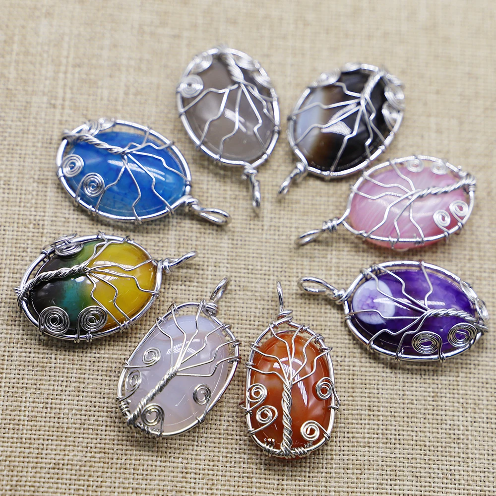 Fashion Natural Gem Stone Pendant Necklace Silver Color Tree of Life Wire Wrap Egg Shape Charm Reiki Onyx Jewelry Wholesale 6Pcs