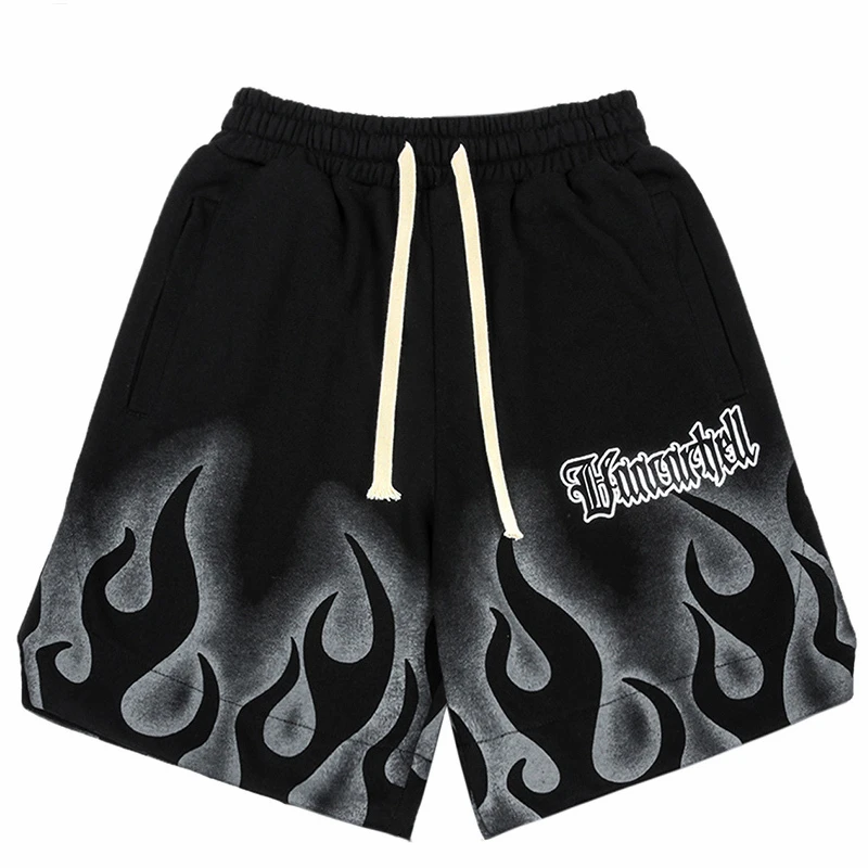 2023 Men Cotton Jogger Shorts Summer Track Short Black Hip Hop Streetwear Harajuku Shorts Sweatpants Fire Flame Printed Shorts