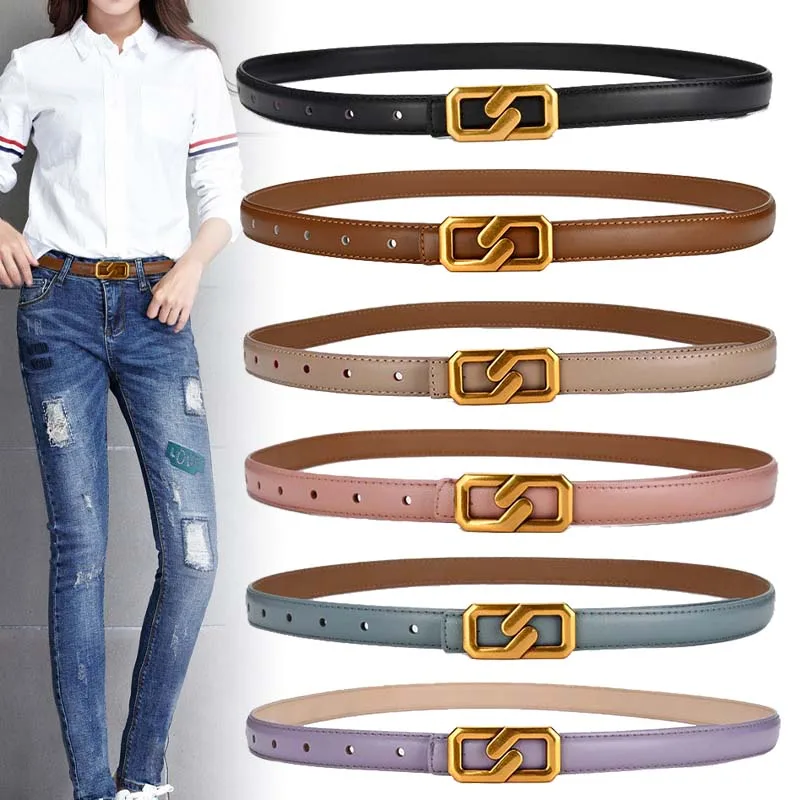 

Genuine Leather Women Thin Belt Candy Color Waistband Jeans for Ladies with Kids Belt Metal Buckle High Quality