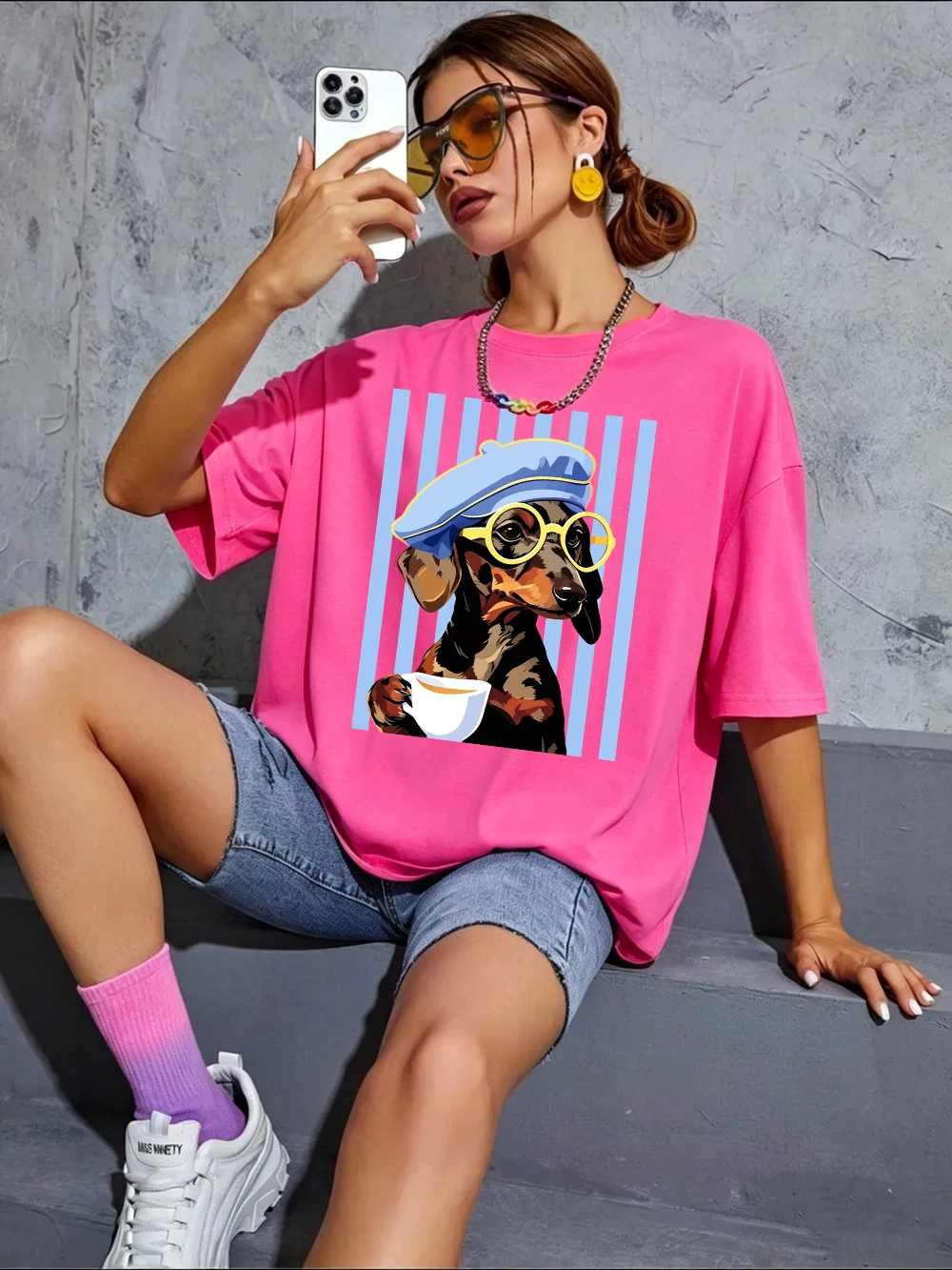 Dackel-Illustrationsdrucke T-Shirts Baumwolle Damen Sommer Oversize-Tops Weiches O-Ausschnitt Kurzarm-T-Shirt Basic Damenbekleidung