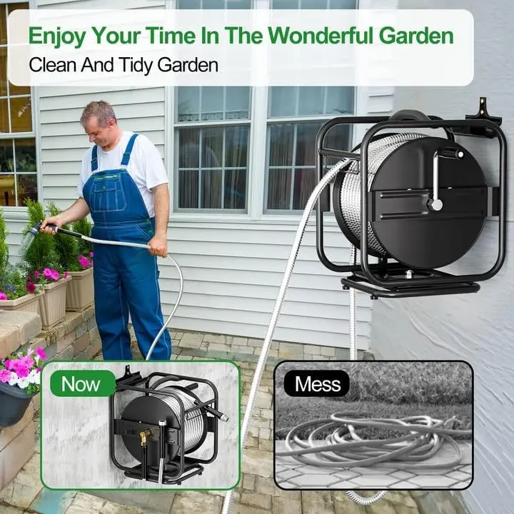 Heavy Duty Metal Garden Hose Reel With 100 Ft 304 Stainless Steel & Aluminum Nozzle, Wall Mount/Floor Water Pipe Spool