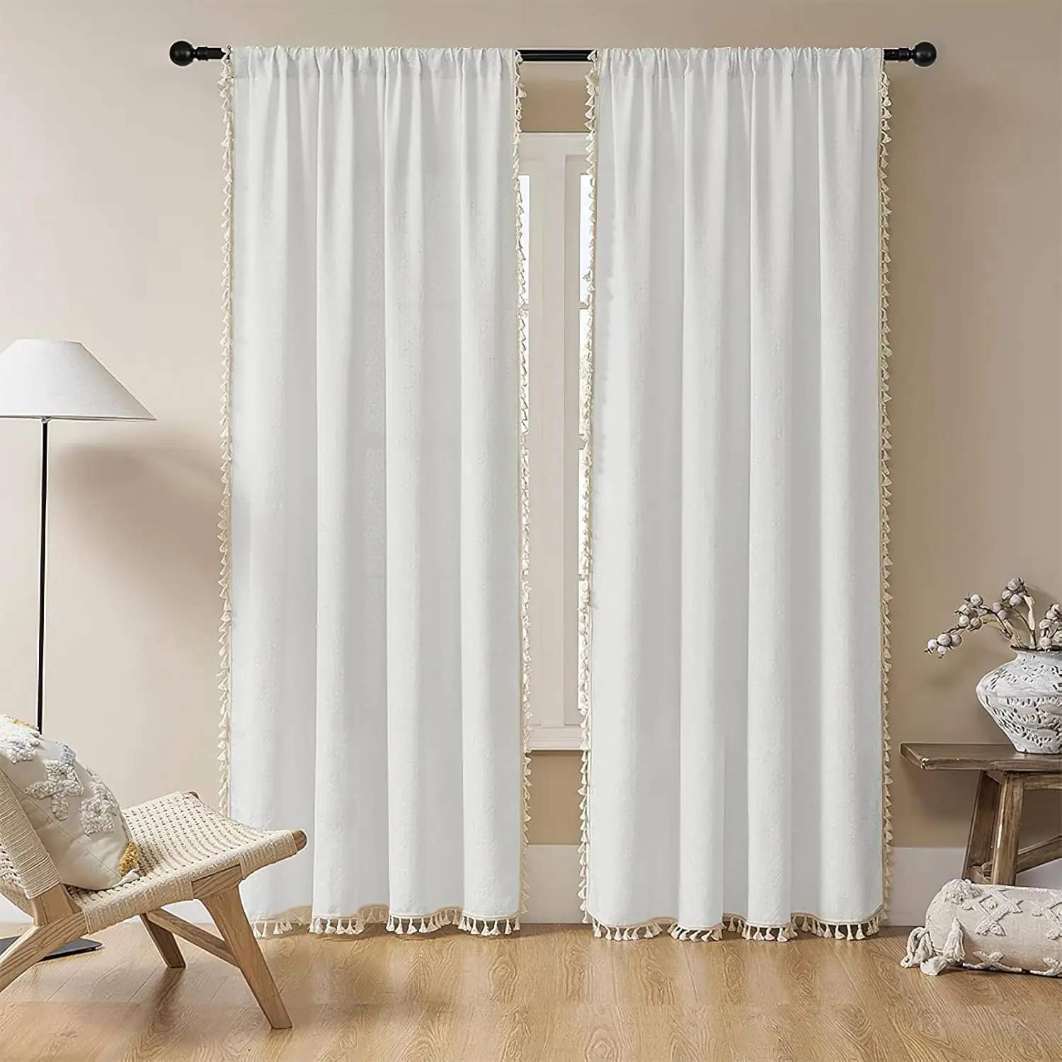 Boho Curtain with Handmade Tassels, Vintage Rustic Bohemian French Farmhouse Semi-Blackout Solid Drape for Bedroom, 1 Panel