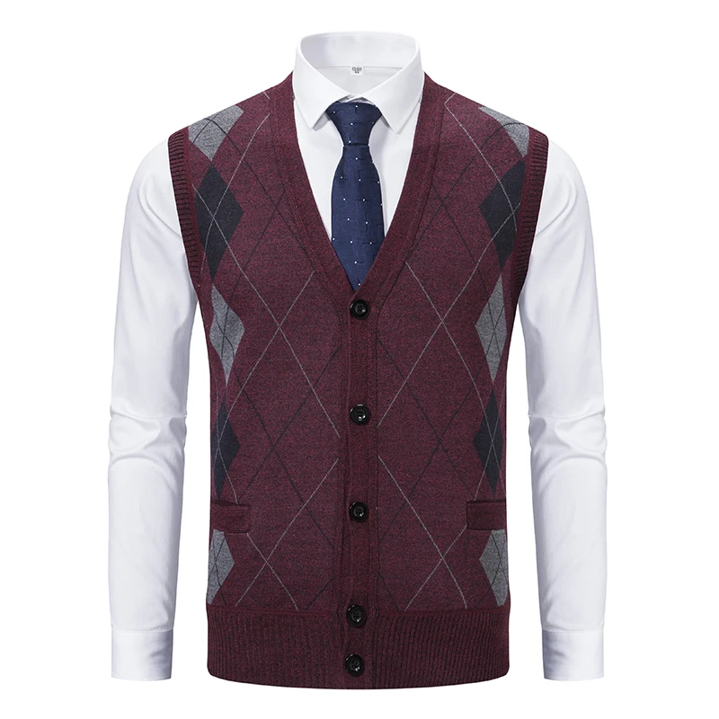 Men Sweater Vests Spring Autumn Sleeveless Fleece Warm Knitted Checkered Business Casual Button Up Coat