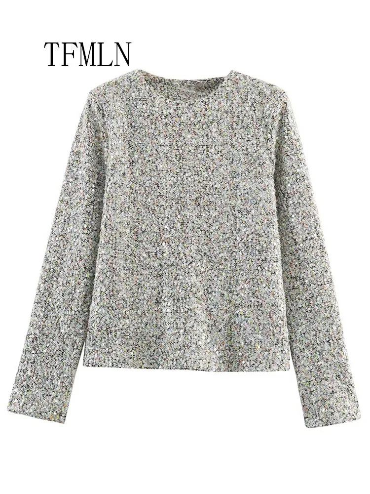 Fashion Women Sequin Tops Skirt Suits 2026 Spring Chic Causal O-neck Long Sleeve Pullover Shirts High Waist Mini Skirts Outfits