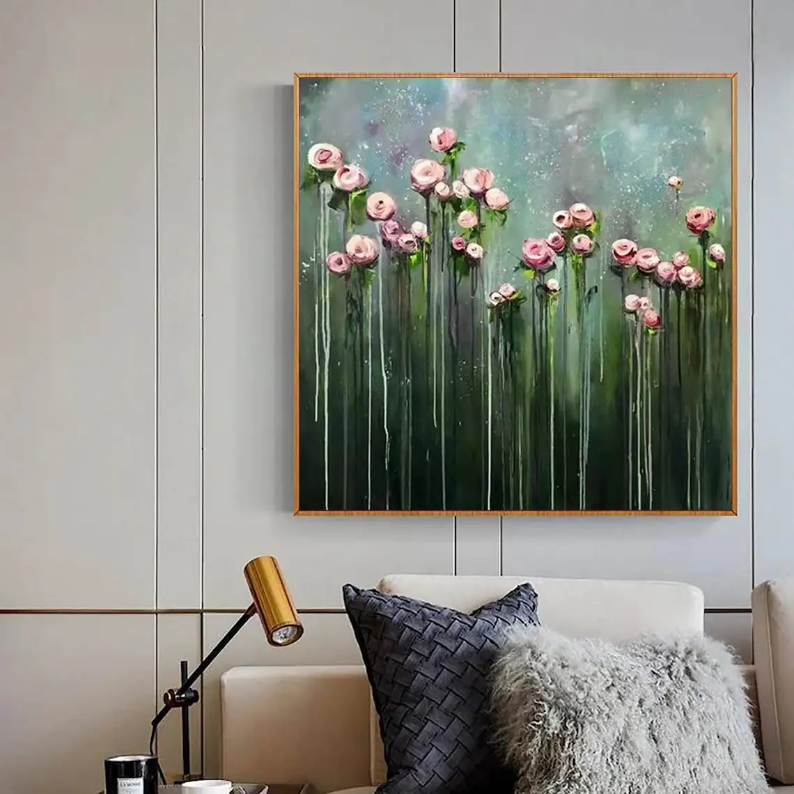 

Large Flower Hand-painted Oil Painting Canvas Abstract Pink Flower Paintings Landscape Green Wall Art Canvas Spring Living Room