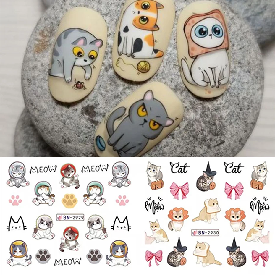 12pcs Nail Stickers nail stickers nail decals nail art decoration Cartoon Cute Cat Stickers Nail Decals Love Heart Anime Childlike Nail Art Water Sliders Tattoo Decorations Manicure