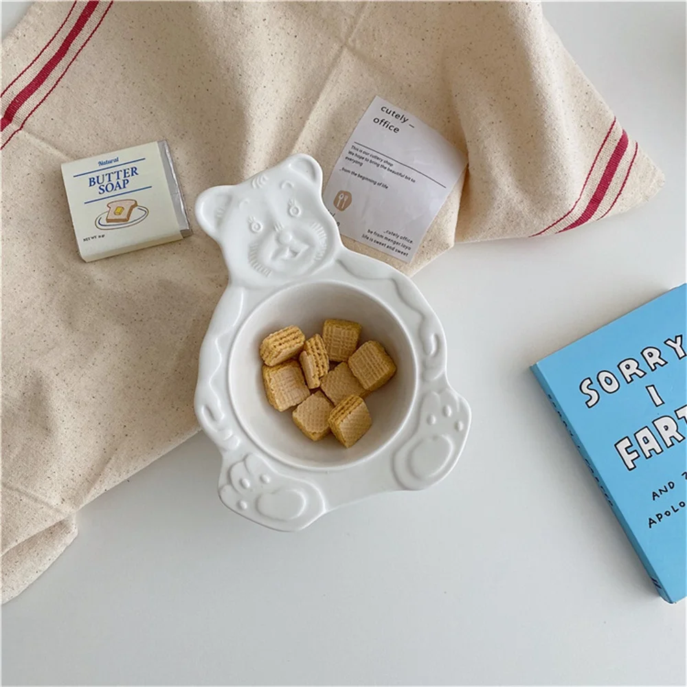 Fruit Plate Ceramic Dessert Plates Cartoon Bear Dessert Plate Bowls Cute Ceramic Dinner Dishes Korean Ins Bear Dessert Flat Soup Bowl Breakfast Salad Fruit Tray