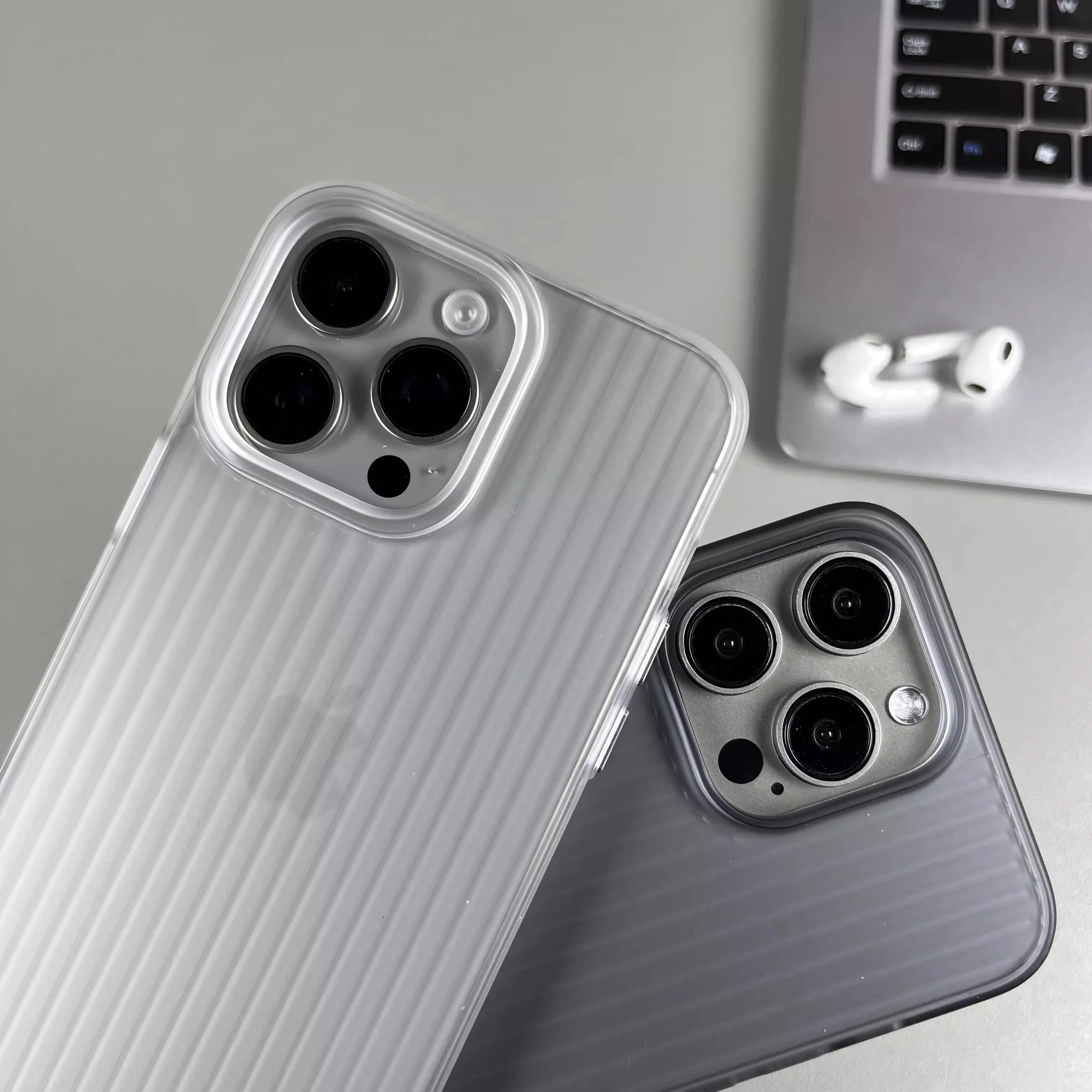 Natural Titanium Grating Stripe Pattern Shockproof Phone Case with Metal Buttons