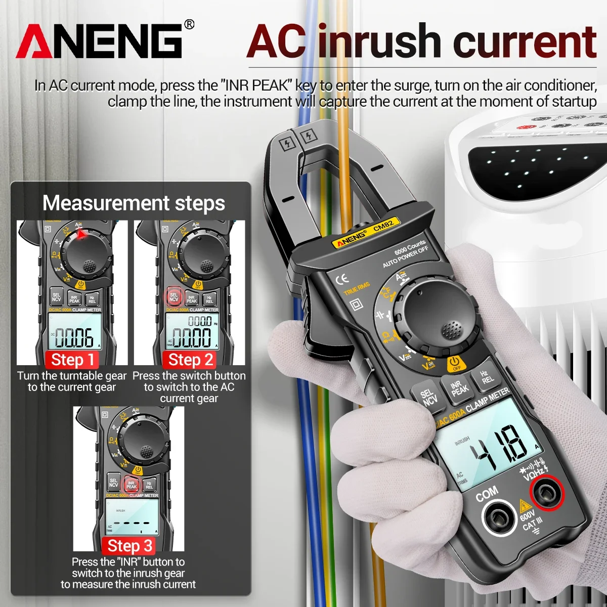 ANENG CM82 클램프 게이지 True RMS 600A AC/DC 600V AC/DC 전압 NCV 전기 기술자용 전기 테스트 전용 미터