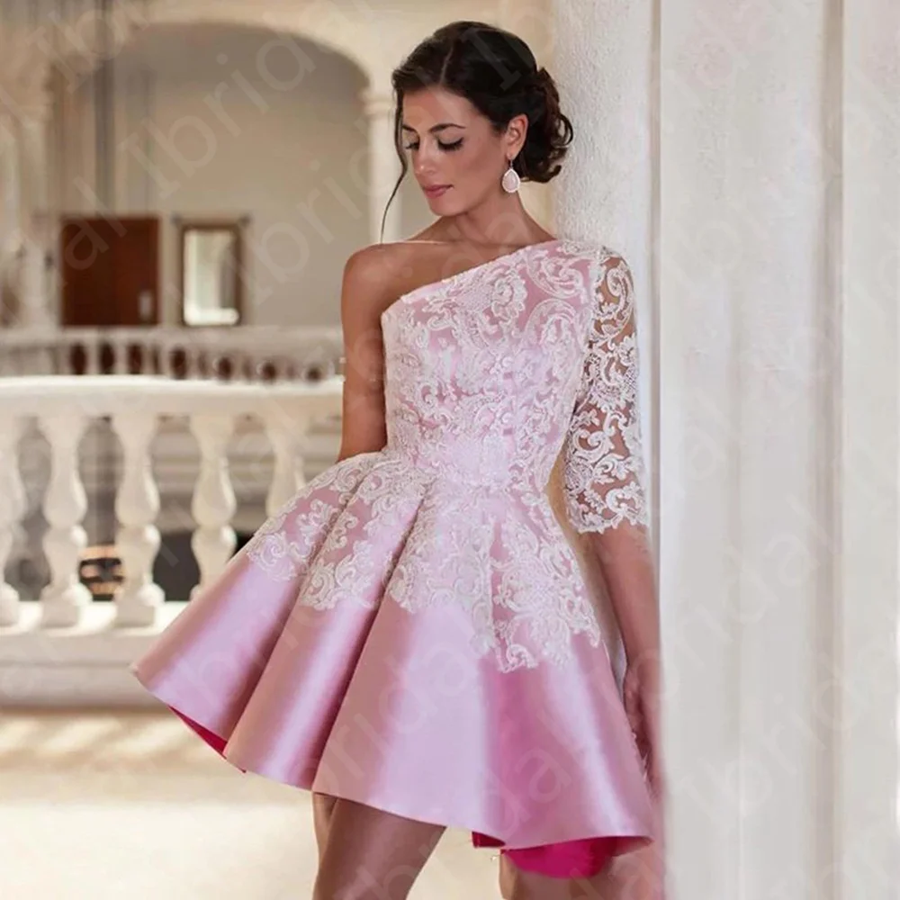 

Exquisite On Sale Pink Homecoming Gowns Lace Short Wedding Party Single 3/4 Sleeves Cocktail Dresses Mini Length 2022