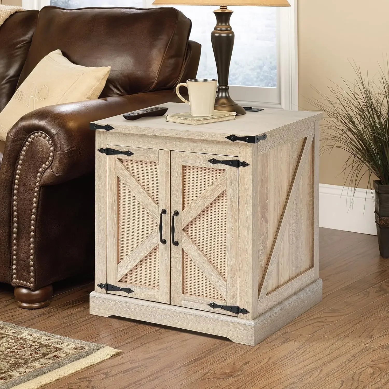 Farmhouse End Table, Rectangle PE Rattan Woven Wood Coffee Table, 24-Inch Modern Boho Style Storage Coffee Table 2