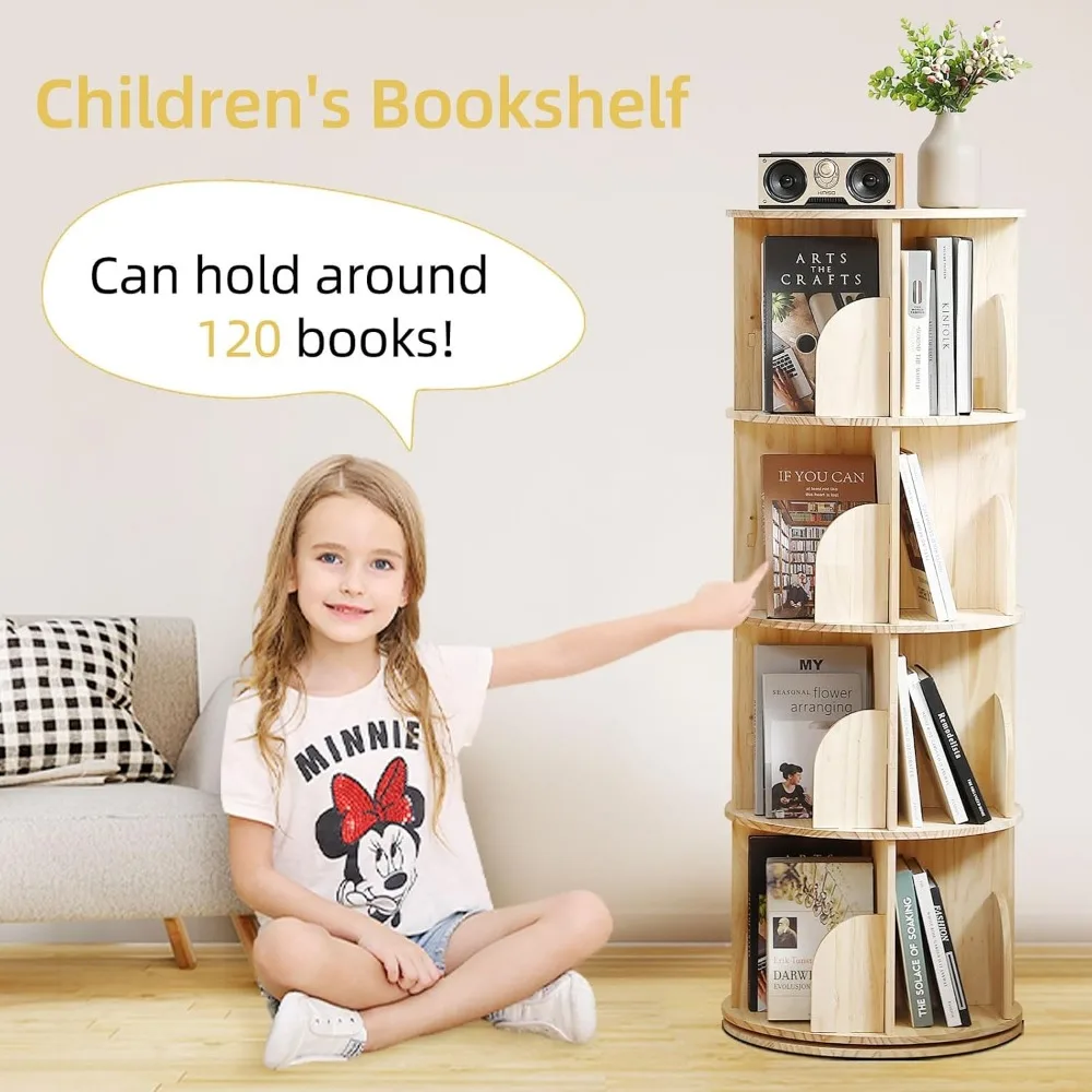 Rotating Bookshelf Tower, 4 Tier 360 Display Spinning Bookshelf, Solid Wood Narrow Book Shelf Organizer for Kid Adult 6