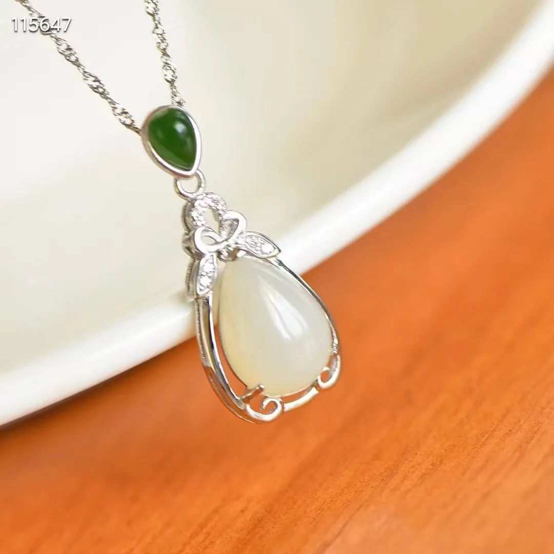 

Natural 100% real 925 Sterling Silver Necklace inlay real white hetian jade pendant jewellery fashion for women men lucky gifts