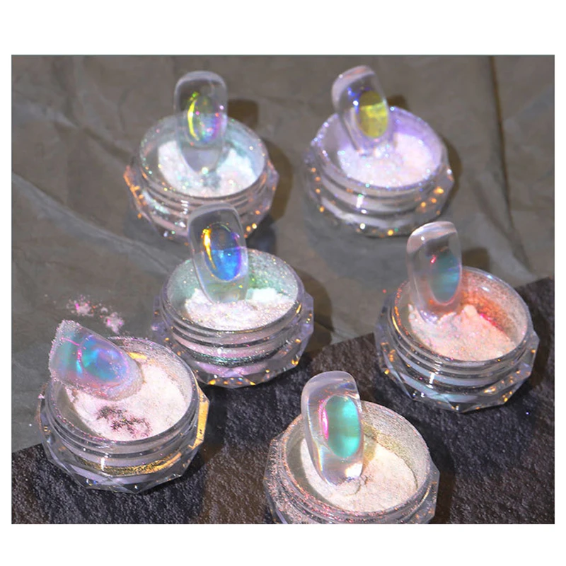 Aurora Ice Transparent Laser Magic Rainbow Mirror Nail Glitter Gel Pigment Powder Chrome Charm Nail Art Decoration Tools