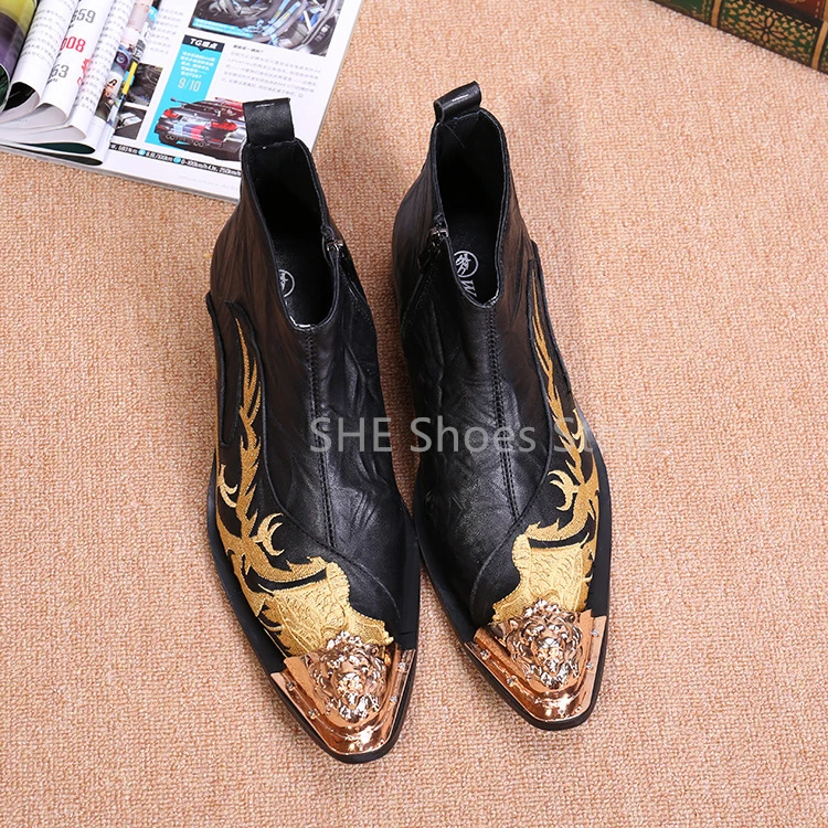 Men's Embroidery Short Chelsea Boots Fashion Metal Square Toe Chunky Heel Leather Shoes Mixed Color Male Party Dress Boots