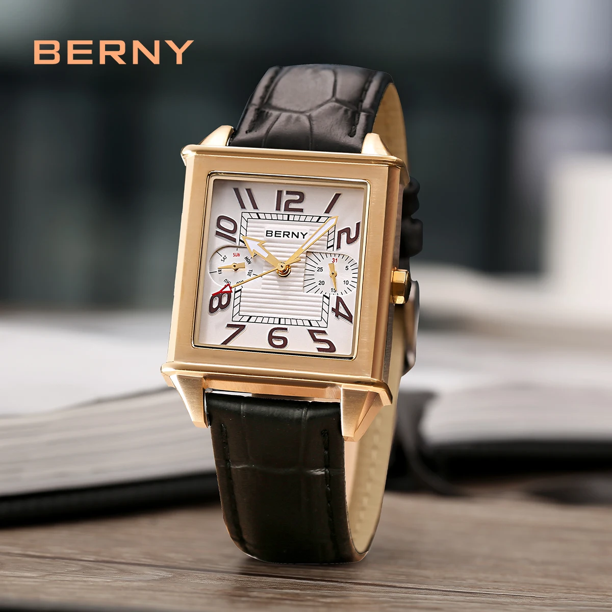 BERNY Quartz Watch for Men Luxury Watch Male Vintage BERNY 6P25 Day Date Leather 3ATM Waterproof Golden Tank Square Wristwatch