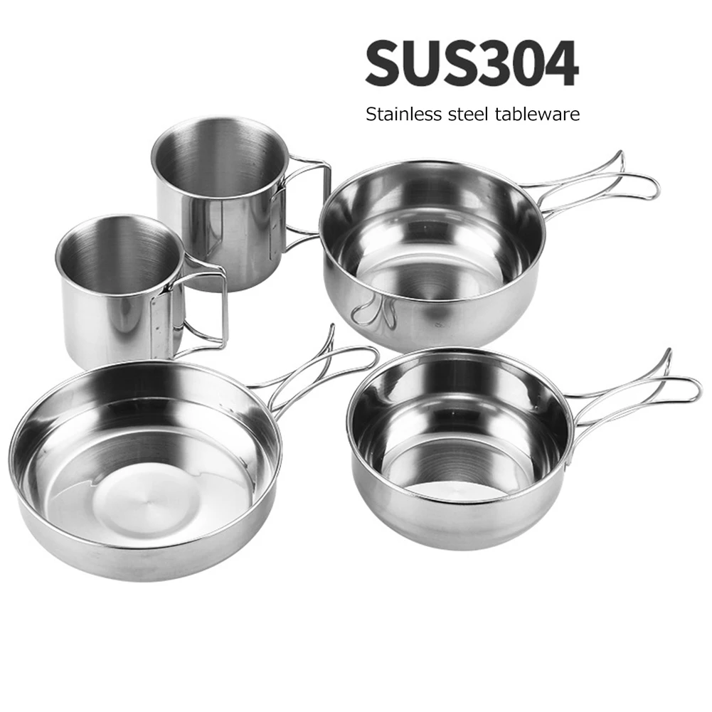 

5PCS SUS304 Camping Dinnerware Kit Stainless Steel Water Cup Pot Pan Set Corrosion Resistant for Travel Picnic Barbecue Supplies
