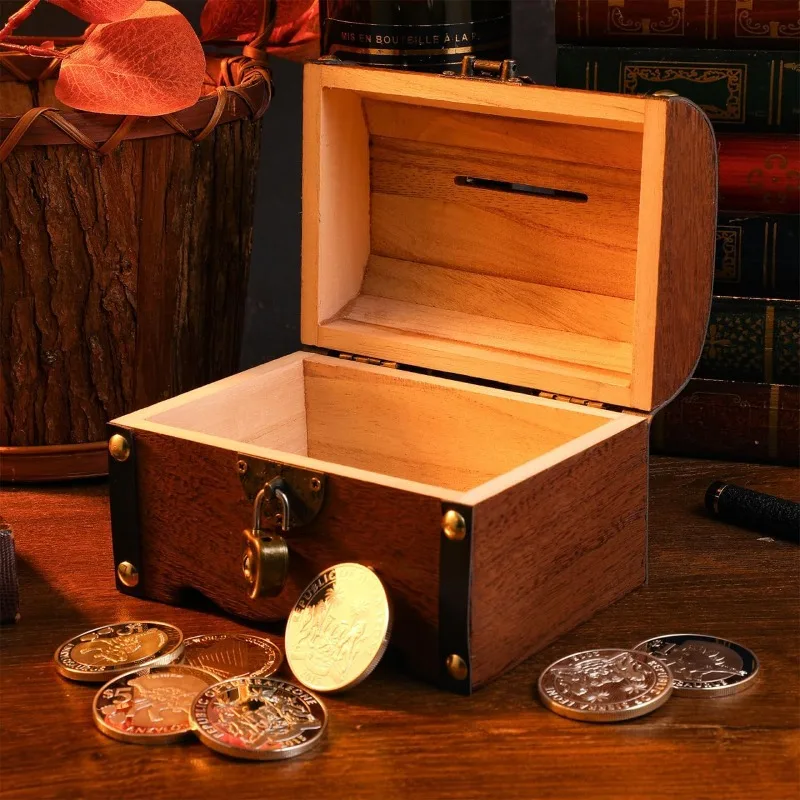 Vintage Treasure Chest Lock Box, Coins and Valuable Items Plastic Storage, Light Brown Bank Items with Locks for Children