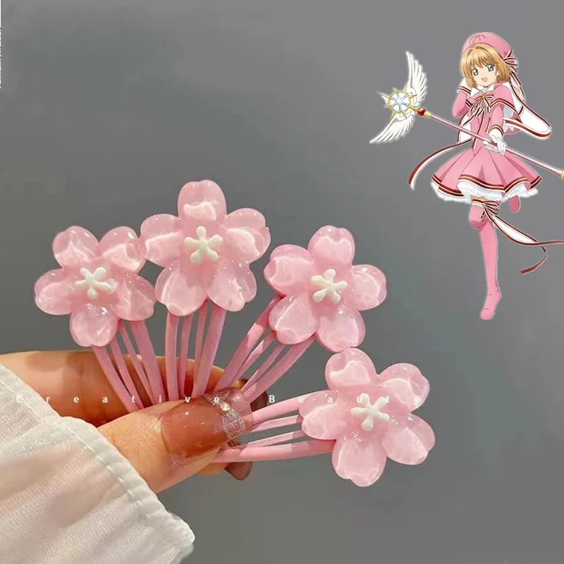 

Anime Card Captor Sakura Cute Pink Creamy Flower BB Hairpin Side Hair Clip Girl Headwear Sweet Hairpins Ornament Gift