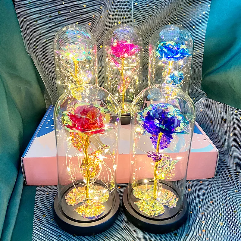

2023 LED Enchanted Galaxy Rose Eternal 24K Gold Foil Flower With Fairy String Lights In Dome For Christmas Valentine's Day Gift