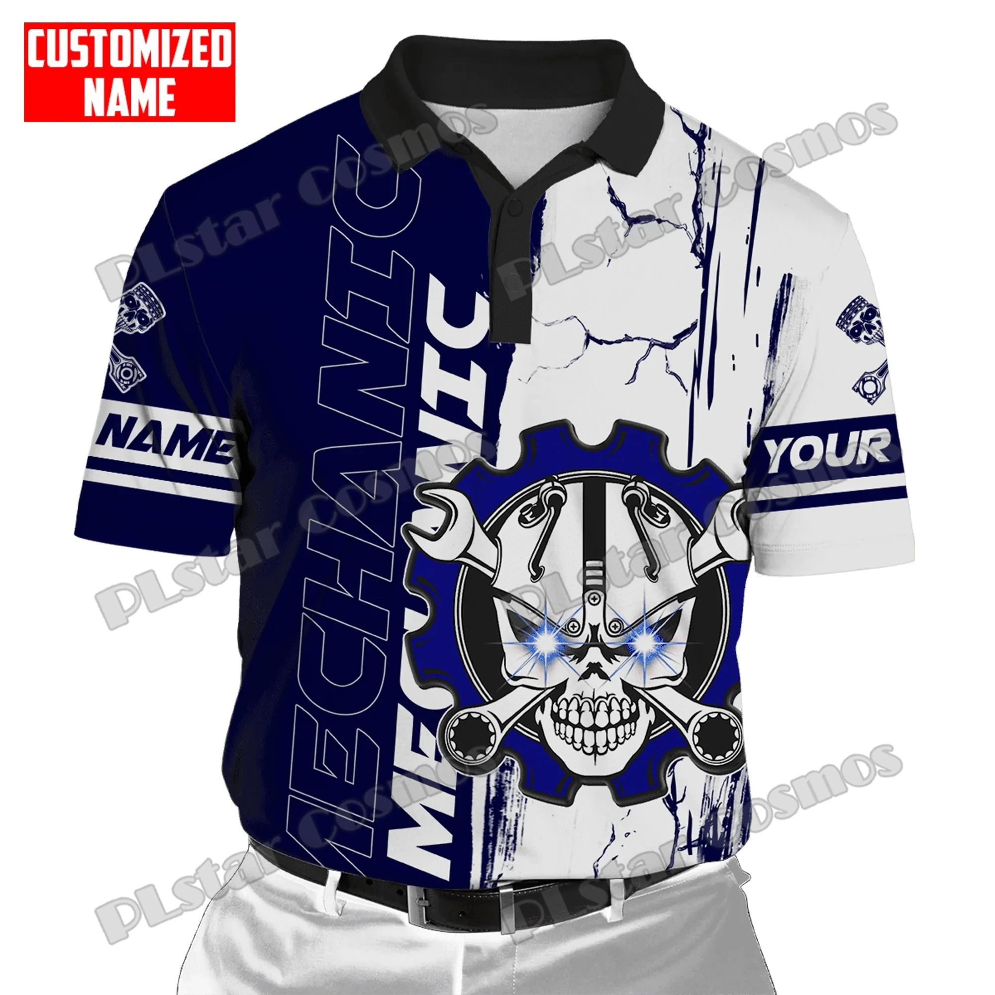 PLstar Cosmos Personalisierter Name Mechaniker Totenkopf 3D All Over Bedruckt Mode Herren Poloshirt Sommer Unisex Casual Poloshirt WK158 – Detail 12