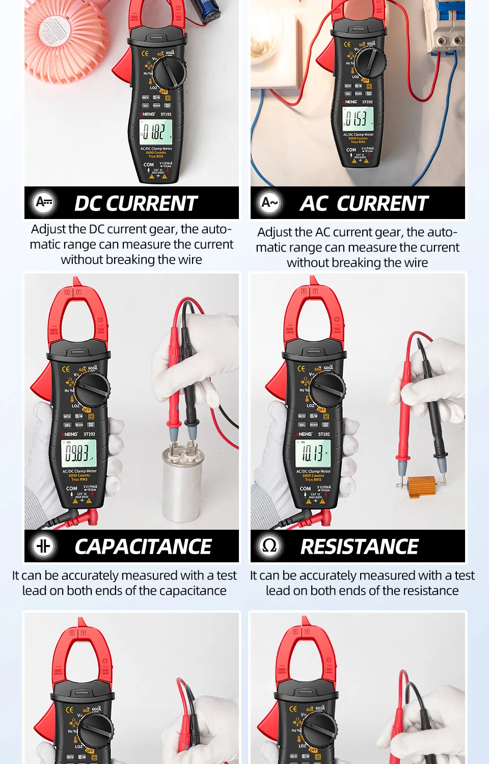 Description Picture 6 of itemANENG ST192 Digital Clamp Meters Multimeter 60A/600A Tester AC/DC Current 6000 Counts True RMS Capacitance NCV Ohm Hz Transistor