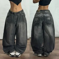Streetwear New Vintage Letter Printing Washed Baggy Jeans Women Y2K Harajuku Hip Hop Popular Gothic High Waist Wide Leg Pants 1