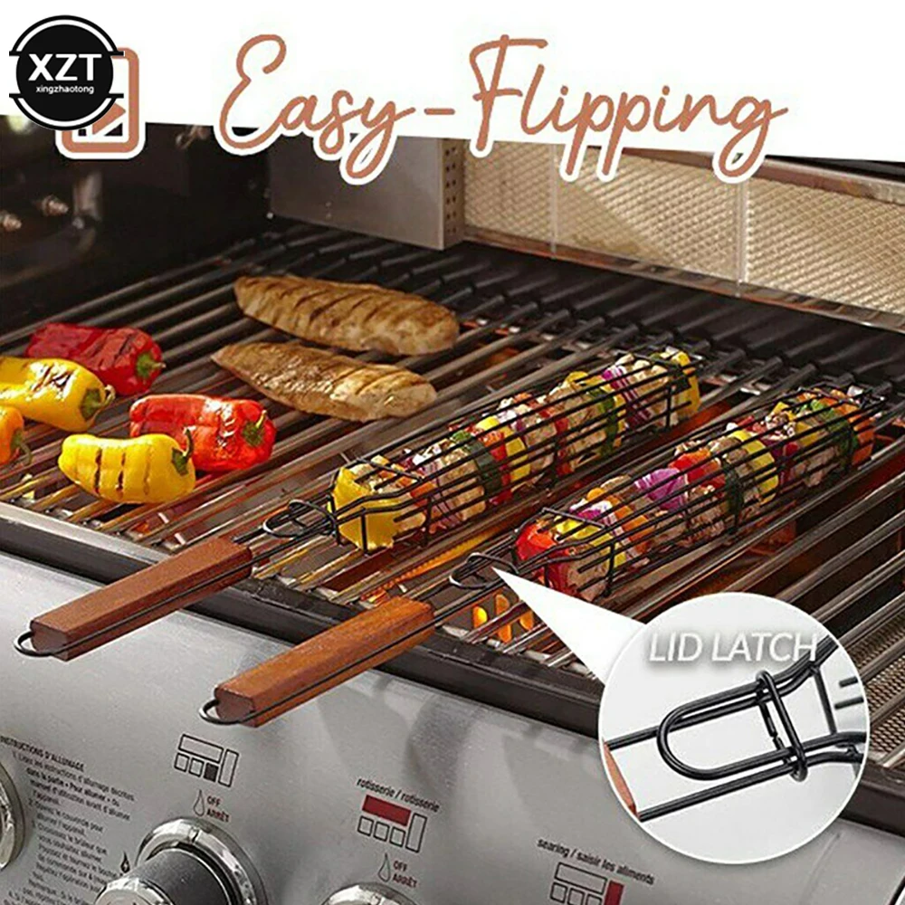 Camping Barbecue Grilling Basket Charcoal Grill Mesh Outdoors Picnic BBQ Tools Portable Stainless Steel Nonstick Roasting Meat