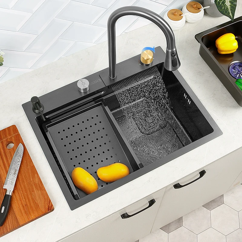 Black Nano Kitchen Sink 304 Stainless Steel Waterfall  Basin Large Single Slot with  Faucet for