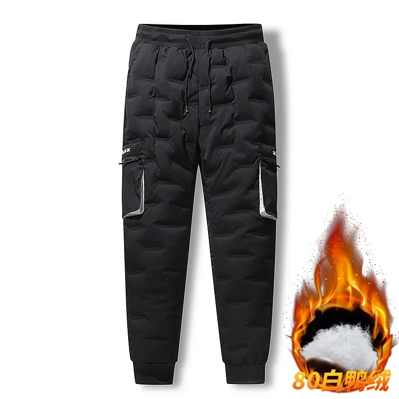 Men's Winter Pants Duck Down Padded Pants Thick Warm Black Loose Jogger  Windproof High Waist Elastic Thermal Down Trouser Male