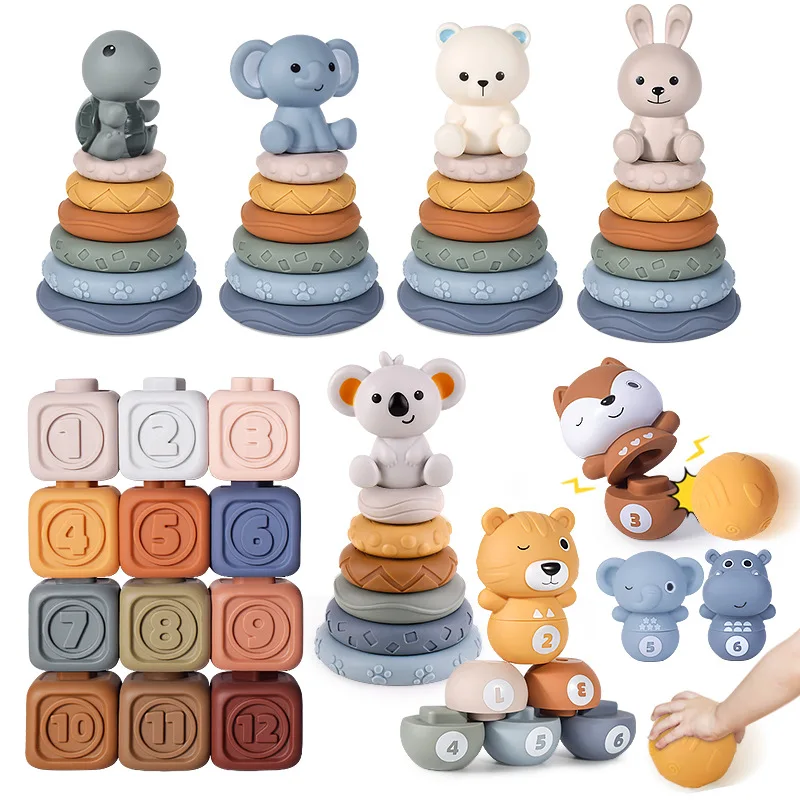 Montessori Baby Blocks Toy for Newborns 0 12 Months Silicone Soft Cubes for Babies Boy 1 Year Stacking Bath Toy Teethers Rattles 4