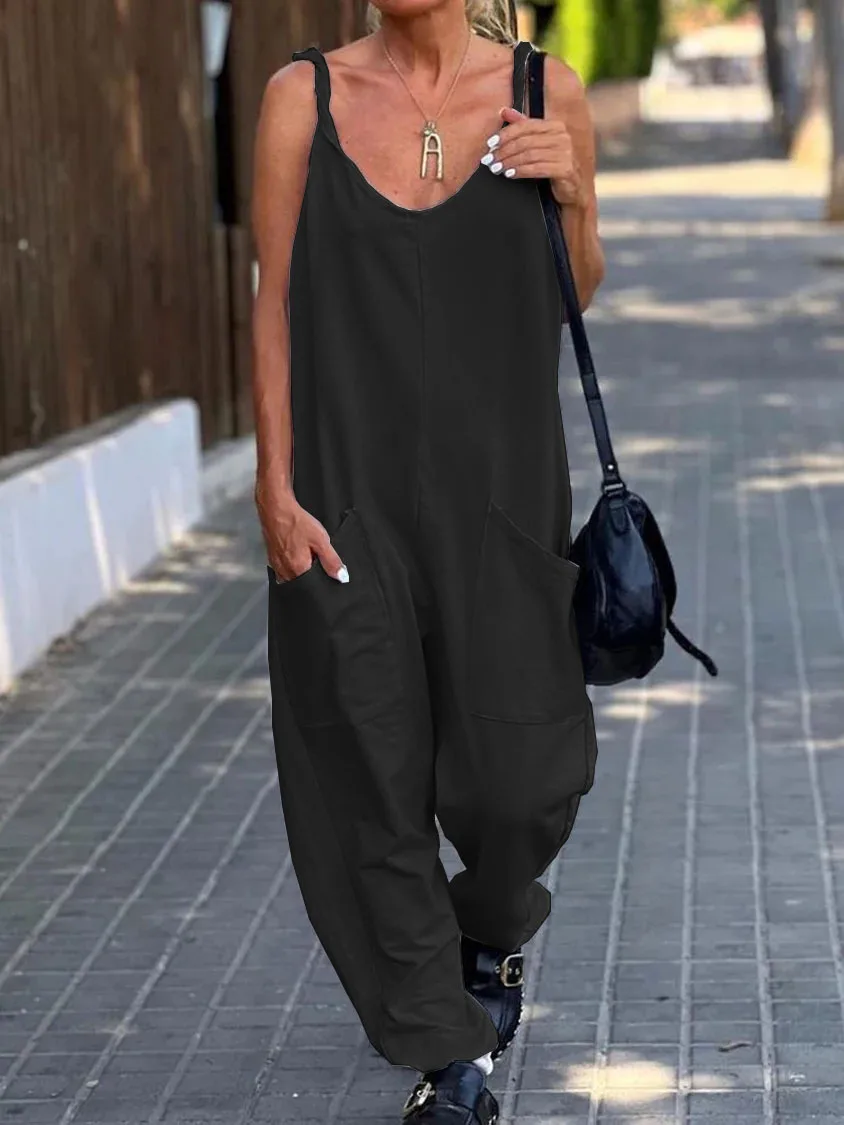 Linen Ladies Bib Pant Suspender Trousers Loose Casual Female Women One-Piece Wide Leg Romper Overalls Strap Jumpsuits Streetwear 3