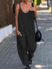 Linen Ladies Bib Pant Suspender Trousers Loose Casual Female Women One-Piece Wide Leg Romper Overalls Strap Jumpsuits Streetwear 3