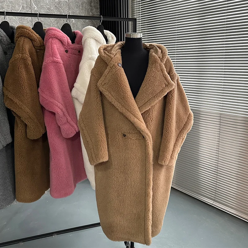 

New Hooded Thick Teddy Bear Coat Long Women Loose New Winter Natural Fur Alpaca Wool Silhouette Coat Plus Size Overcoat Autumn