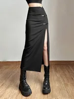 Jupe noire Sexy fendue, Simple, décontractée, assortie avec tout, pour sortie de rue, Cool, Mature, vitalité, personnalité, tendance, jupe basique pour femmes 5