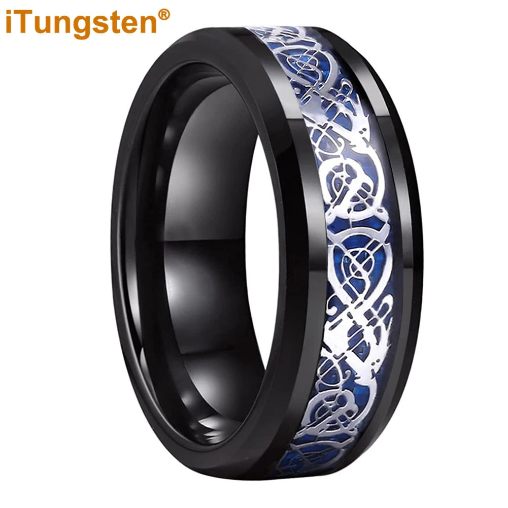 

iTungsten 8mm Blue Carbon Fiber Inlay Dragon Ring Men Women Black Tungsten Wedding Band Fashion Jewelry Beveled Edge Comfort Fit