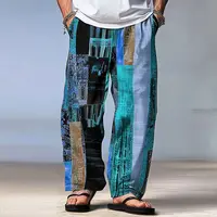 Pantalon Patchwork bloc de couleur pour hommes, taille moyenne, cordon de serrage, taille élastique, hawaïen, décontracté, jambes droites pour l'extérieur 3