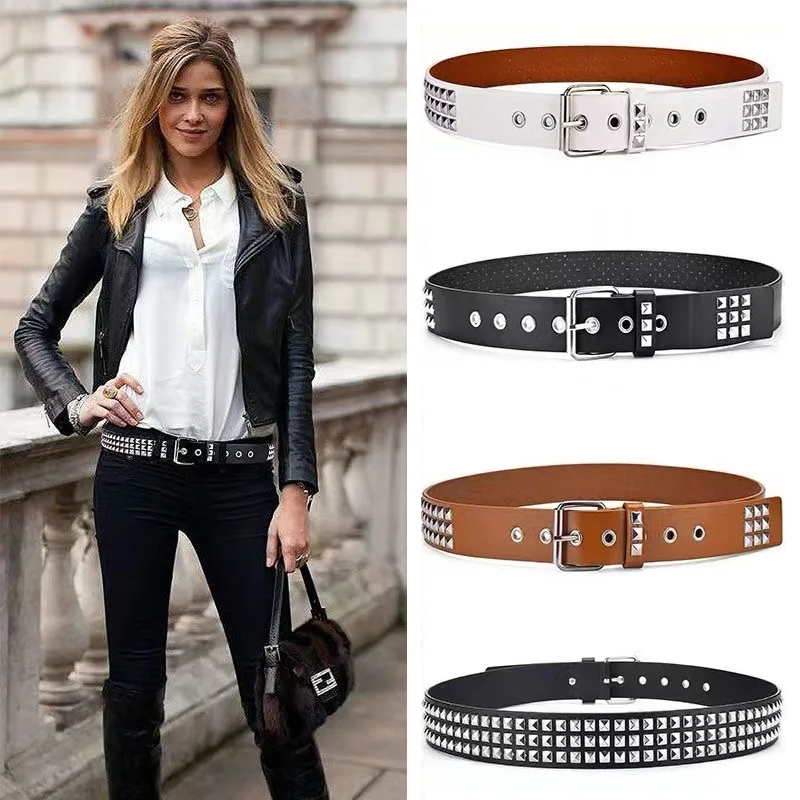 New Luxury Square Bead Rivet Belt Metal Pyramid Pu Straps Men And Women Punk Rock Hardware Jeans Designer Female Wainstband