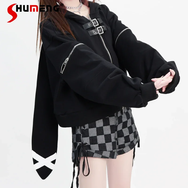 

Japanese Style Women's Clothes Short Loose Rabbit Ears Hooded Sweatshirts Loose Zip Autumn Winter New Pullover Jaquetas De Mujer
