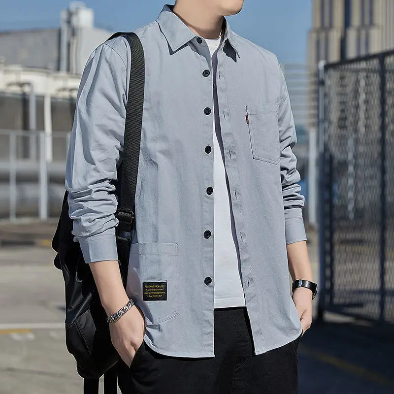 Autumn Winter Korean Style Solid Color Loose Casual Male Shirt Long Sleeve All Match Fashion Blouse Man Chic Streetwear Clothes