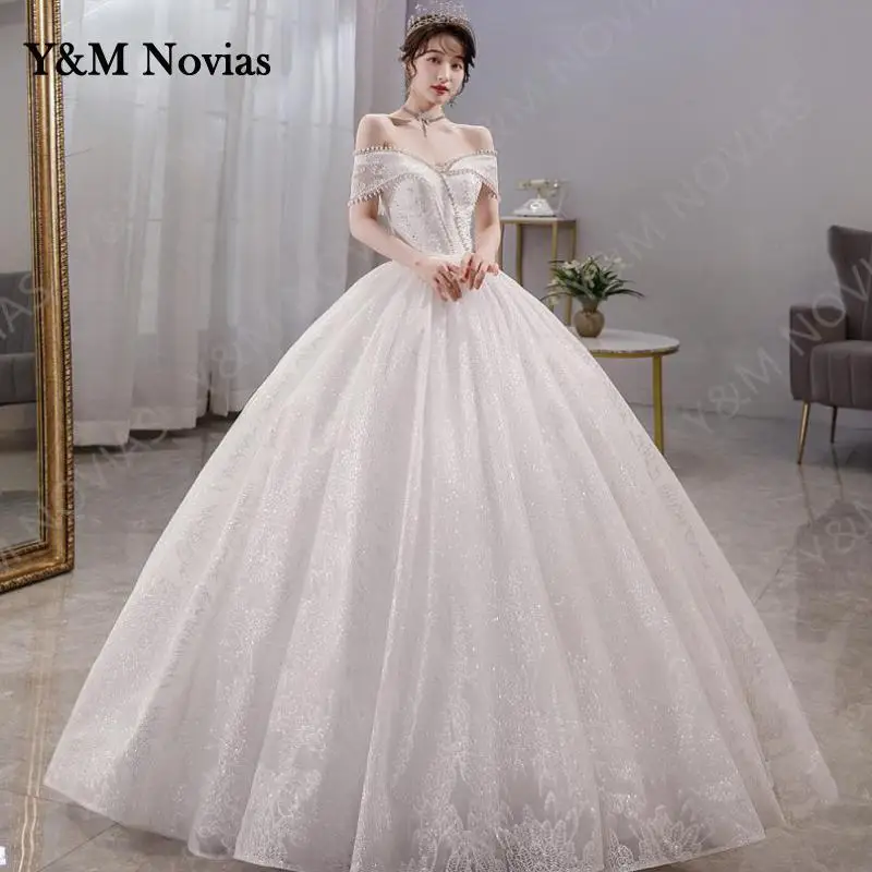 

Y&m Novias 2022 New Luxury Pearls Sequined Wedding Dress Plus Size Shinny Faric Bride Gowns Off Shoulder Real Photo Vestidos De