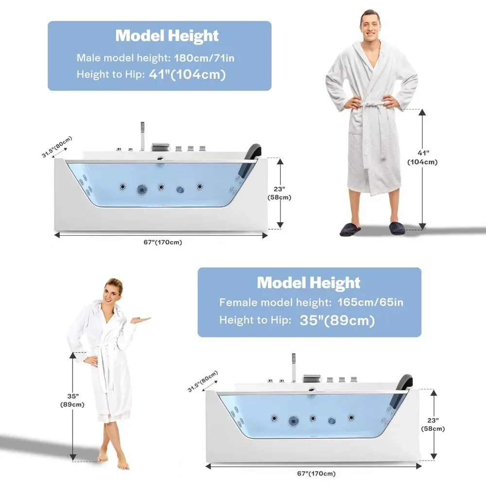 67 "x 30" Whirlpool Bathtub, 750W Acrylic Jet Bathtub with 11 Nozzles, Hydraulic Massage with Chromotherapy Bathroom Fixture 5